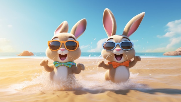 Dos conejitos lindos con gafas de sol están emocionados y activamente salpicando agua en la playa