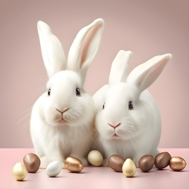 Dos conejitos de pascua blancos con dulces de huevo de chocolate sobre fondo rosa pastel