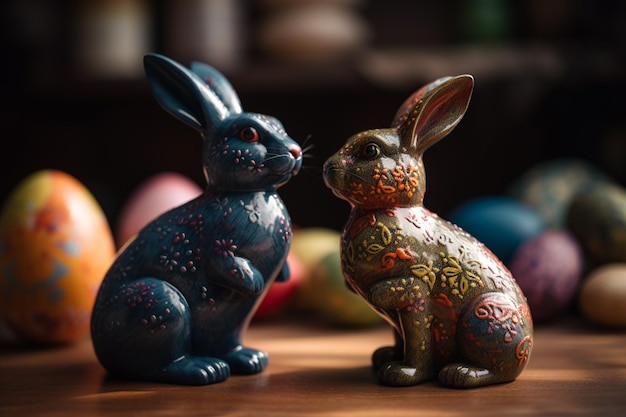 Foto dos conejitos de pascua se sientan en una mesa con huevos de pascua en el fondo.