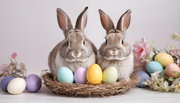 dos conejitos sentados en un nido con huevos de Pascua