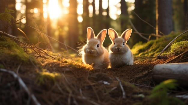 Dos conejos en el bosque al atardecer ai