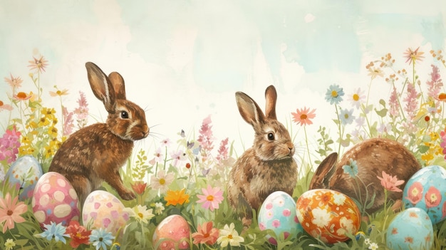 Dos conejos en un campo de flores y huevos de Pascua en el césped