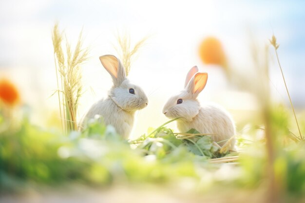 Foto dos conejos compartiendo una gran zanahoria en un parche soleado