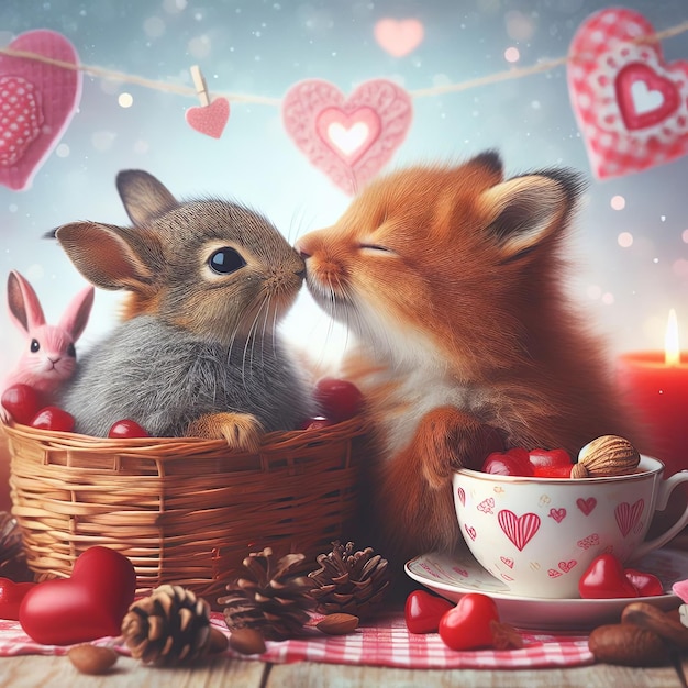 dos conejos están en una canasta con corazones y una vela en forma de corazón