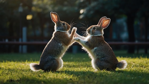 dos conejos están jugando en el parque al atardecer el concepto de amor y amistad