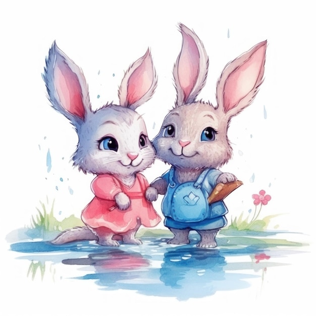 Dos conejos están de pie en el agua y uno tiene un libro en el regazo.