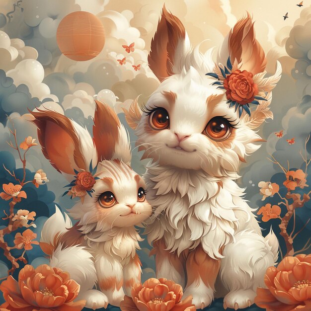 dos conejos están de pie en un campo de flores