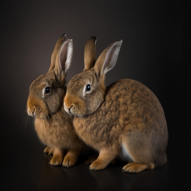 Dos conejos están sentados uno al lado del otro en un fondo oscuro.