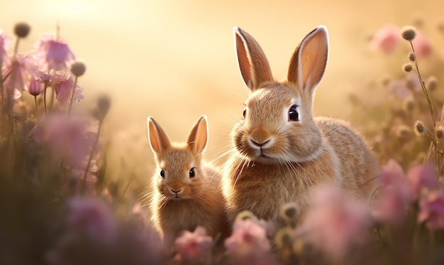 dos conejos están sentados en un campo de flores y uno está mirando a la cámara