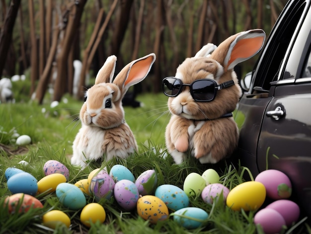 Dos conejos están sentados frente a un montón de huevos de Pascua.