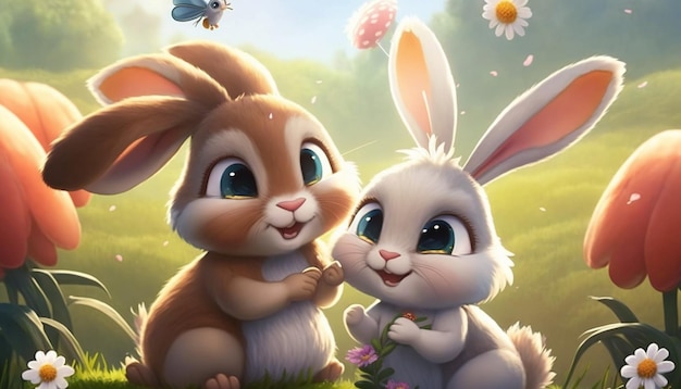 dos conejos están sentados en la hierba con flores y mariposas ai generativo