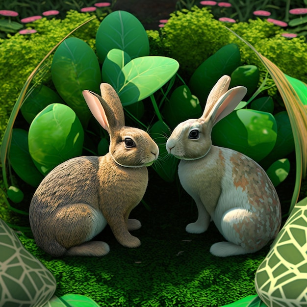 Dos conejos están sentados en un huevo verde con una tortuga detrás de ellos.
