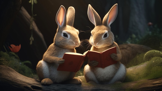 Dos conejos leyendo un libro en una escena oscura.