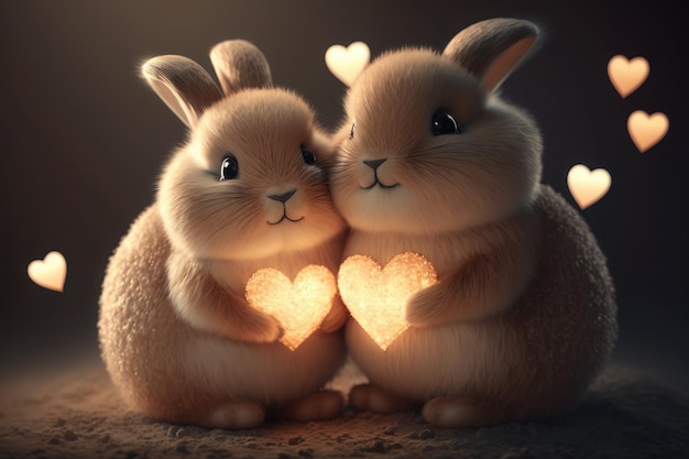 Foto dos conejos lindos en estilo de dibujos animados tiene un corazón en sus manos feliz día de san valentín la liebre sonríe ai generativa