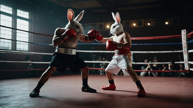 Dos conejos luchan con guantes de boxeo en el gimnasio.