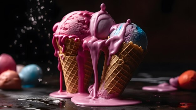 Dos conos de helado están cubiertos de líquido rosa y la palabra helado está en la parte inferior izquierda.
