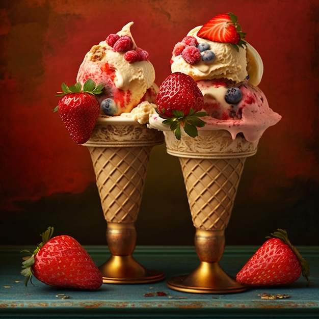 Dos conos de helado con fresas y arándanos.