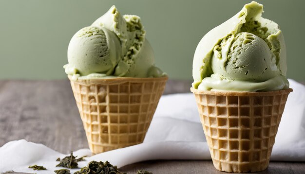 Dos conos de helado verde en una mesa