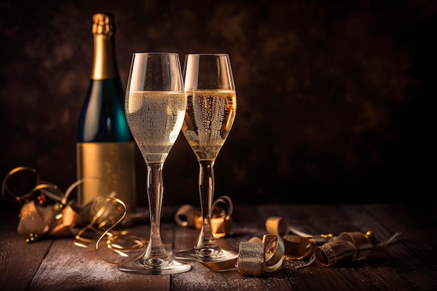Dos copas y una botella de champán en una mesa en un ambiente festivo