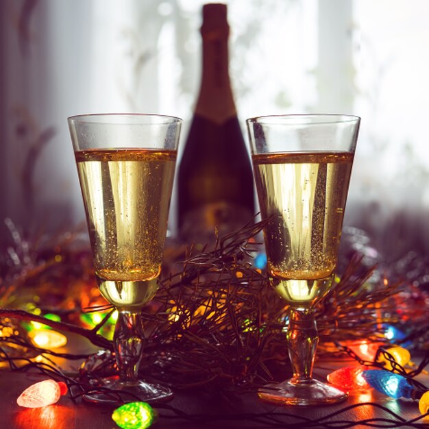 Dos copas con champagne y botella en una mesa de madera decorada con accesorios navideños para celebrar el año nuevo y la Navidad. Velada romantica. El resplandor de las guirnaldas. día de San Valentín