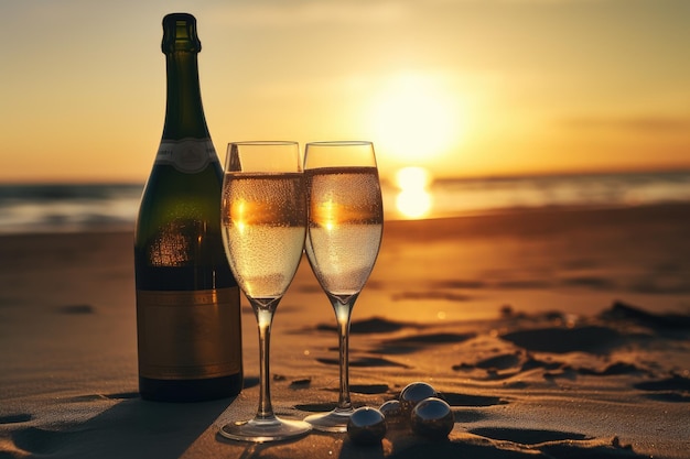 Dos copas de champán y una botella en la playa al atardecer o al amanecer Botella de champán y dos copas en la arena al atardecer AI generado