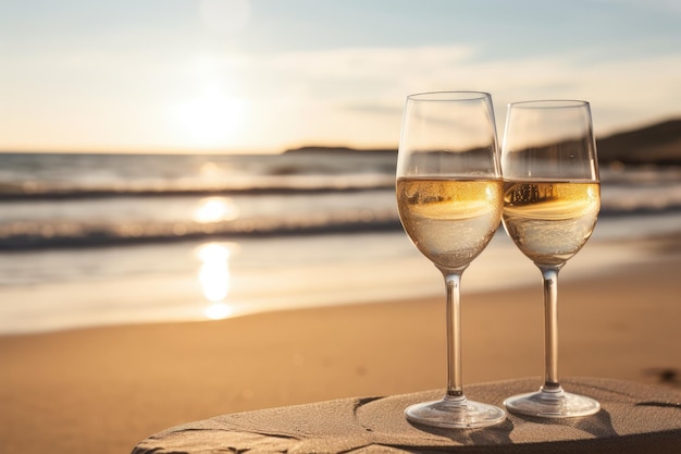 Dos copas de champán brindando en la fiesta de Año Nuevo en la playa