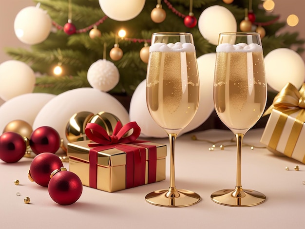 Dos copas de champán con cajas de regalo sobre fondo claro y borroso Celebración navideña