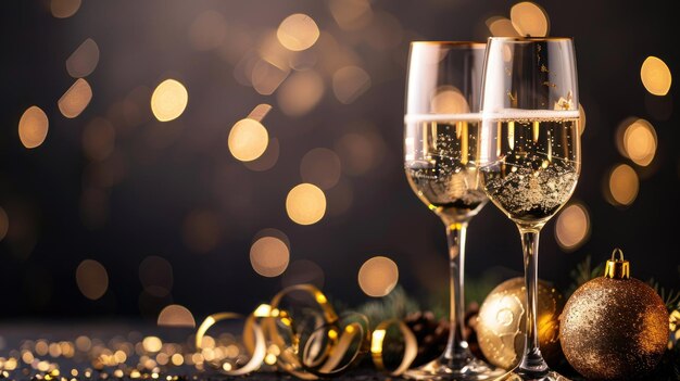 Dos copas de champán con decoraciones doradas y luces festivas