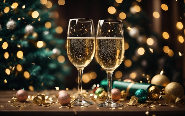 Dos copas de champán festivas brillando junto a un árbol de Navidad brillante