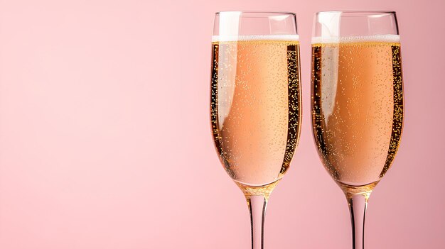 dos copas de champán con fondo rosa y un fondo rosa