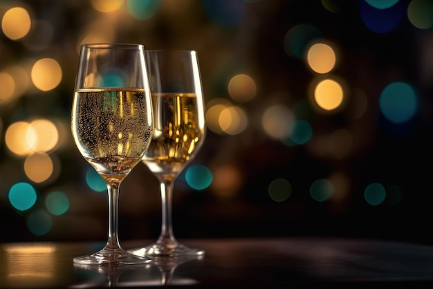 Dos copas de champán sobre una mesa con el fondo de luces navideñas