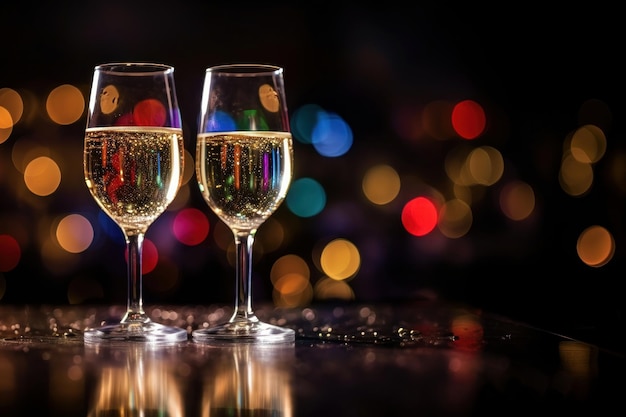 Dos copas de champán sobre una mesa con el fondo de luces navideñas