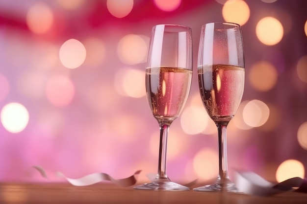 Foto dos copas de champaña en una mesa de fondo rosa