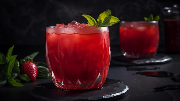 Dos copas de cóctel rojo con hielo y una hoja de menta en el borde