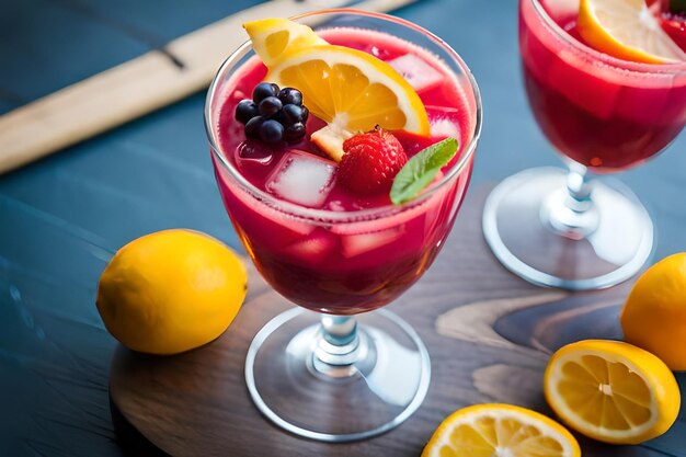 Dos copas de cóctel rojo con una rodaja de limón al lado.