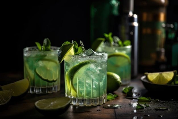 Dos copas de cócteles verdes con limas sobre una mesa de madera.