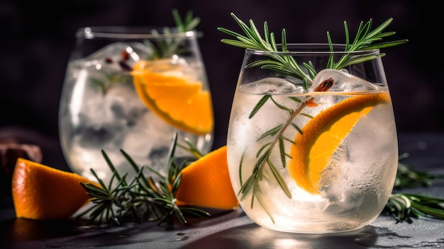 Dos copas de gin tonic con una ramita de naranjas y una ramita de romero al lado.