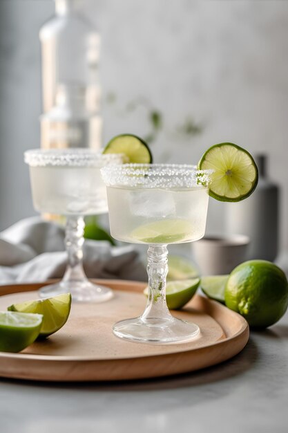 Foto dos copas de margaritas con limones en una tabla de madera