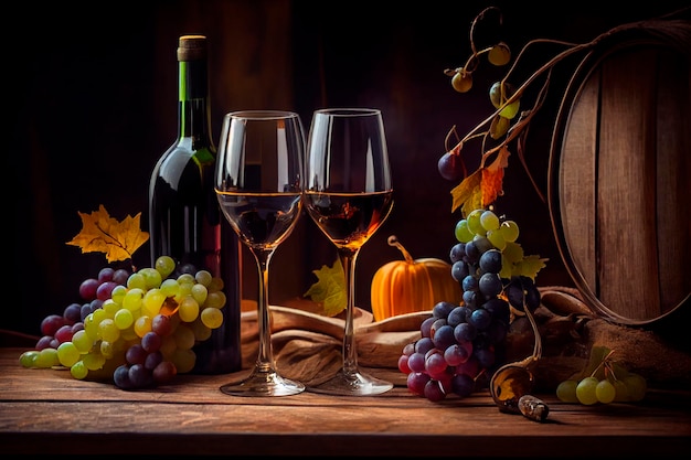 Dos copas de vino una al lado de la otra en una mesa de madera junto a una botella de vino y un racimo de uvas