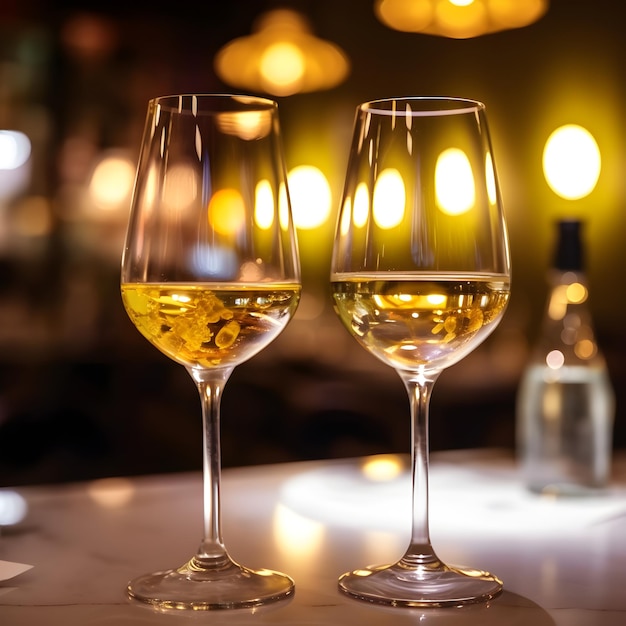 Dos copas de vino en un bar con una botella de vino al fondo.