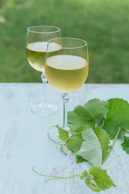 Dos copas de vino blanco con hojas de uva en azul claro