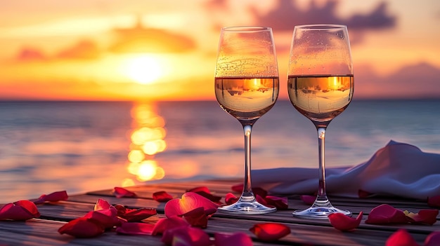 Dos copas de vino blanco con pétalos de rosa en la playa al atardecer ai generativo