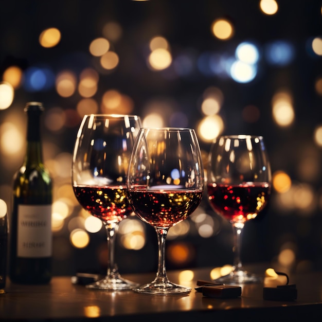 Dos copas de vino de cerca luces bokeh del día de San Valentín generadas por ai