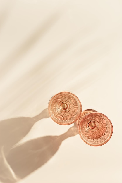 Dos copas de vino de cristal de color rosa pálido con sombras de hoja de palma en el descanso de verano a la luz del sol