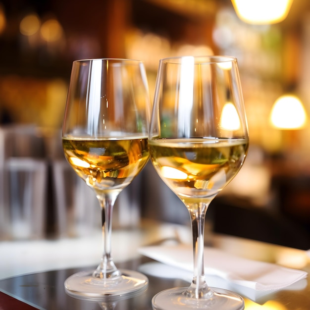 Dos copas de vino están en un bar con un fondo borroso.