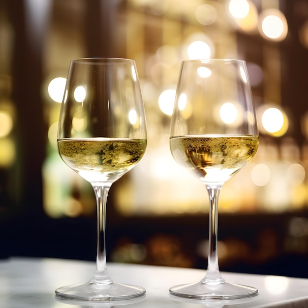 Dos copas de vino están sentadas en una mesa con un fondo borroso en el fondo.