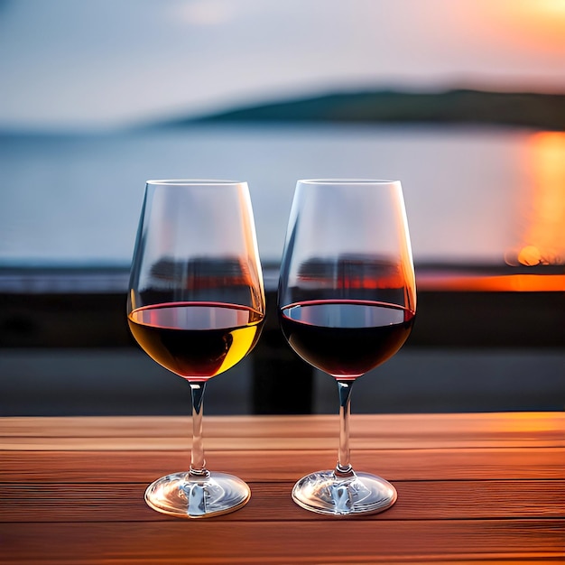 Dos copas de vino están sobre una mesa con una puesta de sol de fondo Verano