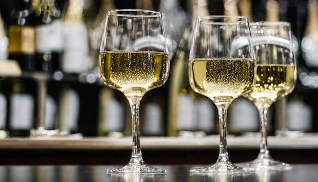 Foto dos copas de vino llenas de vino blanco.