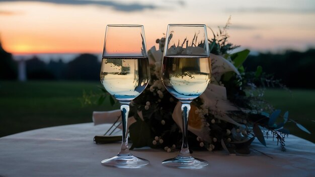 Dos copas de vino en la mesa en el fondo del ramo de bodas al final de la noche del evento