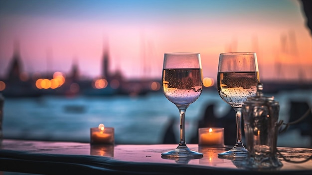 Dos copas de vino en una mesa con vistas a la ciudad de fondo